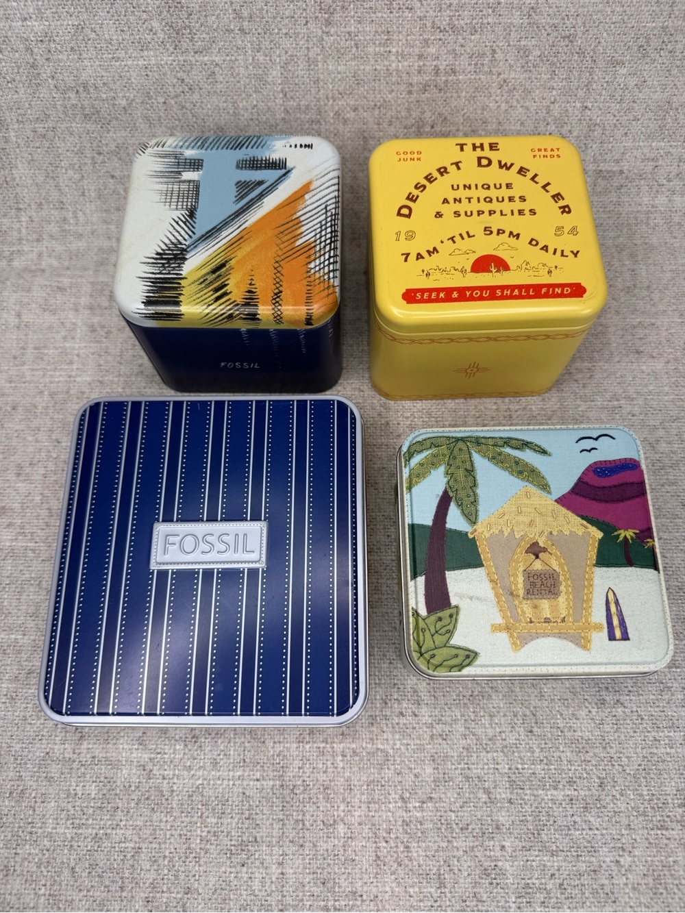 Fossil metal watch tins, lot of 4, collectible